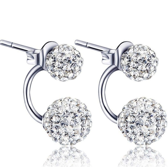 Silver Double Beaded Crystal Stud Earrings - Picture 9 of 13